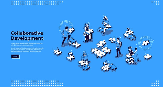 Collaborative development banner. Business concept of teamwork and partnership strategy. landing page of collaboration in corporate office with isometric people and puzzle pieces