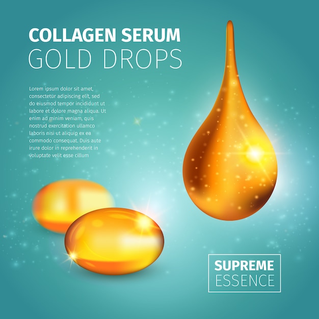 Collagen serum advertising design template with golden oil capsules and illuminated glossy drop