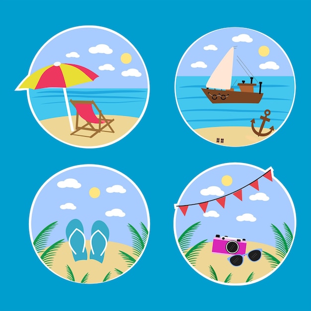 Free Vector collected of traveling banner set with relax on the tropical beach journey and vacation related elements in form of round vector illustration in drawing cartoon style