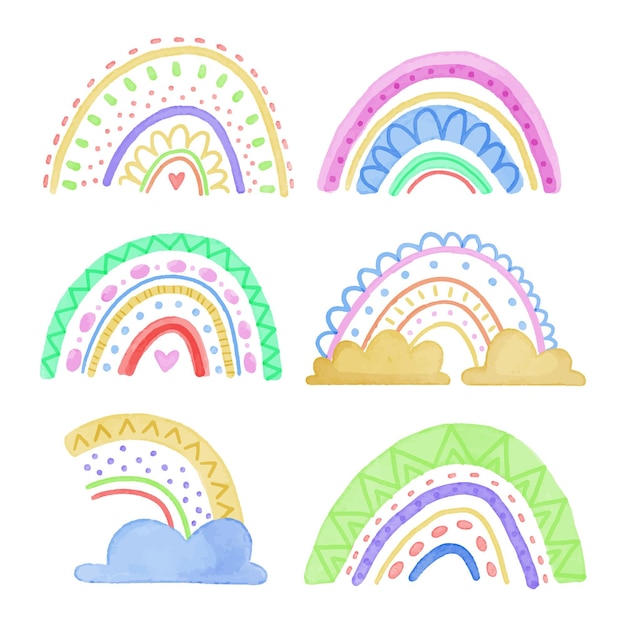 Free Vector collection of abstract colorful rainbows with clouds