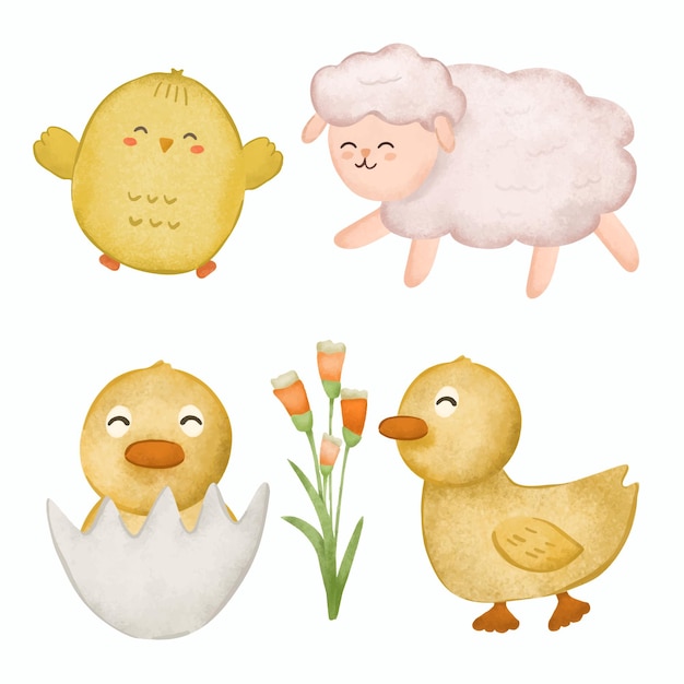 Free Vector collection of animal in cartoon character cute chick ducks and sheep with flower in drawing watercolor style on white background for graphic designer vector illustration