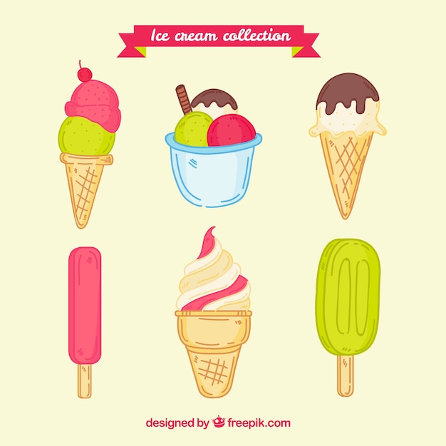 Collection of appetizing ice creams in hand-drawn style