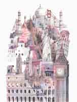 Free vector collection of architectural landmarks painted by watercolor