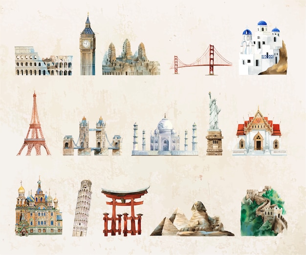 Collection of architectural landmarks painted by watercolor