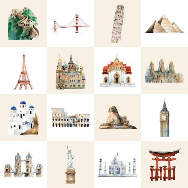 Free vector collection of architectural landmarks painted by watercolor