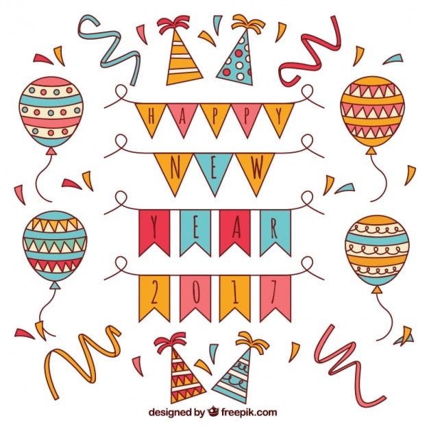 Free Vector collection of balloons and hand drawn new year party elements