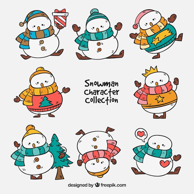 Free Vector collection of beautiful hand drawn snowman