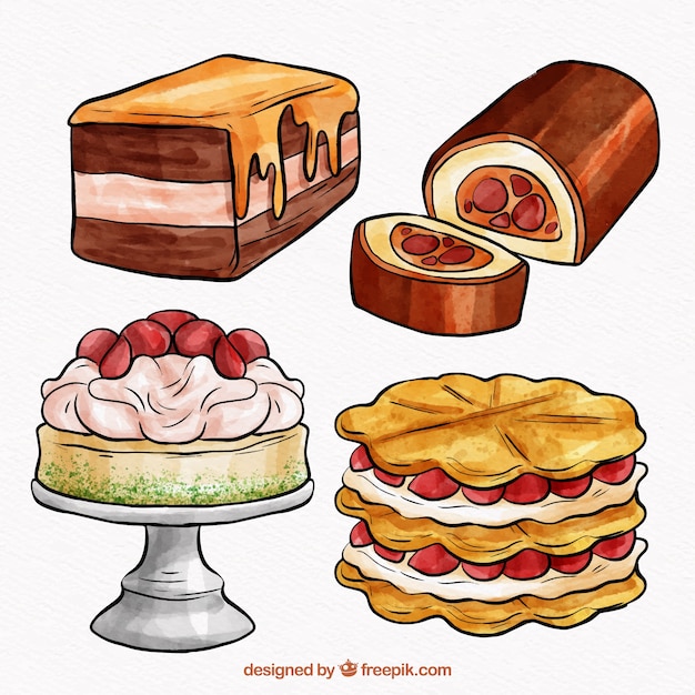 Collection of beautiful sweet watercolor cakes