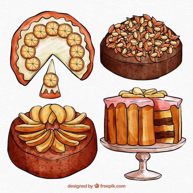 Free Vector collection of beautiful tasty watercolor cakes