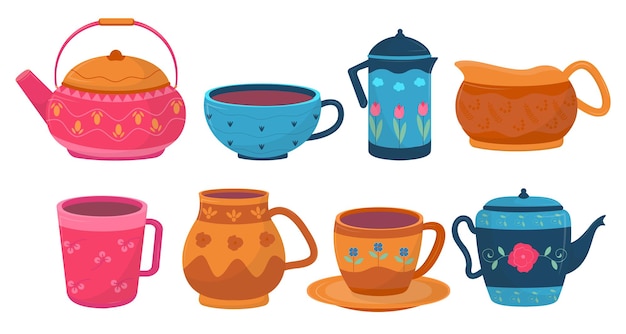 Free Vector collection of beautiful tea set with pot, cup and any element for graphic designer, vector illustration