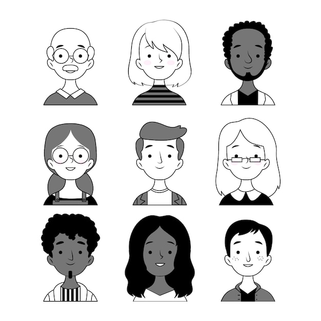 Collection of black and white people avatars