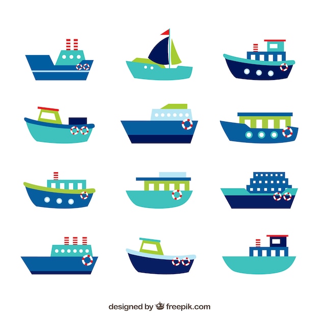 Free Vector collection of blue boats with green and red details