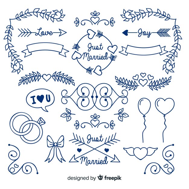 Collection of blue hand drawn wedding ornament