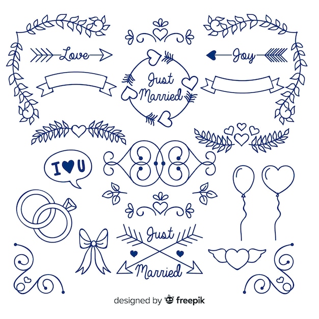 Collection of blue hand drawn wedding ornament