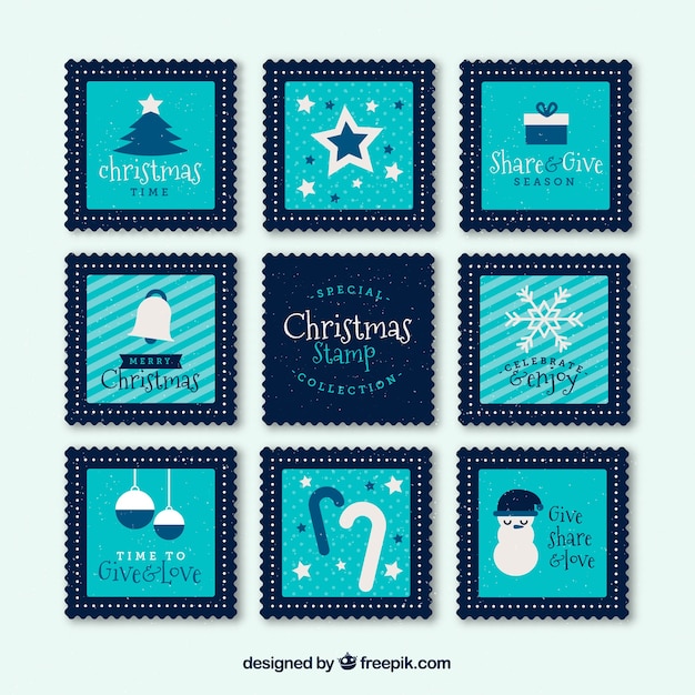 Free Vector collection of blue square christmas stamps