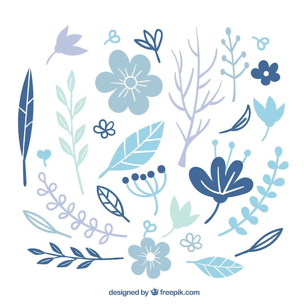 Collection of blue winter leaves and flowers