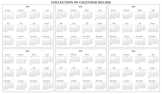 Free Vector collection of calendar black and white 2022-2026