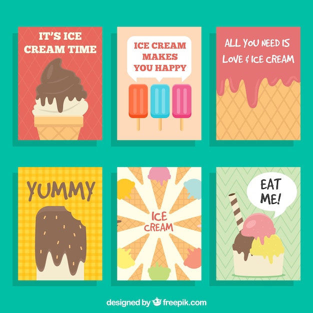 Collection of cards with variety of ice creams in flat design