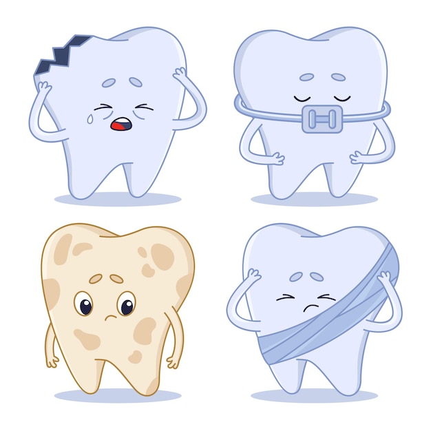 Collection of cartoon affected tooth characters with caries and braces