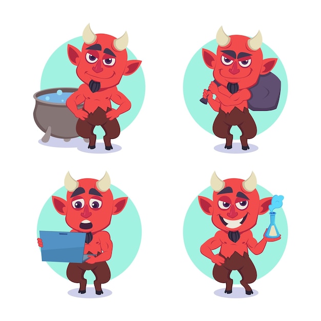 Free Vector collection of cartoon devil character working on laptop, carrying bag on his shoulder, making potion