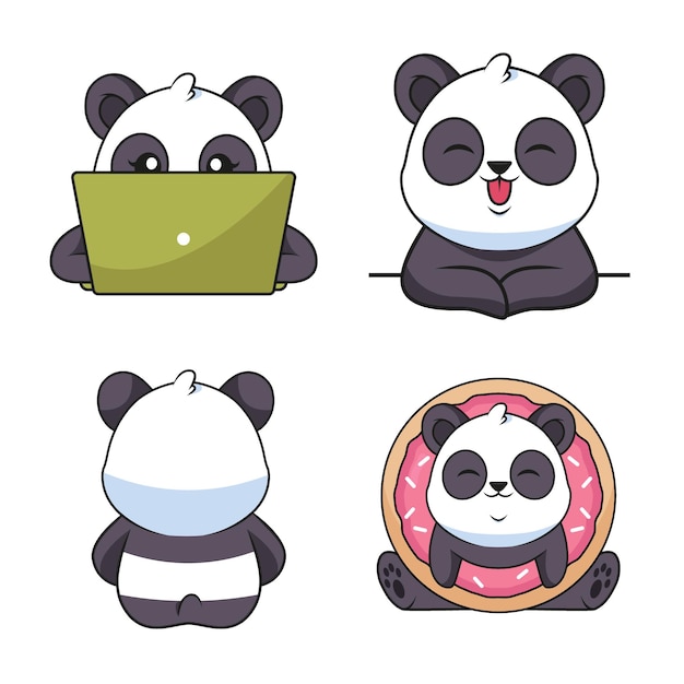 Collection of cartoon handdrawn pandas using laptop smiling sitting back holding donut