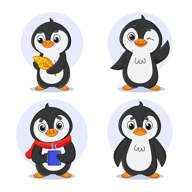 Collection of cartoon penguin characters waving holding fish and cup of tea