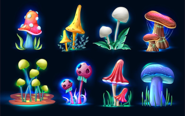 Free vector collection of cartoon style magic fantasy mushrooms glowing in the dark isolated