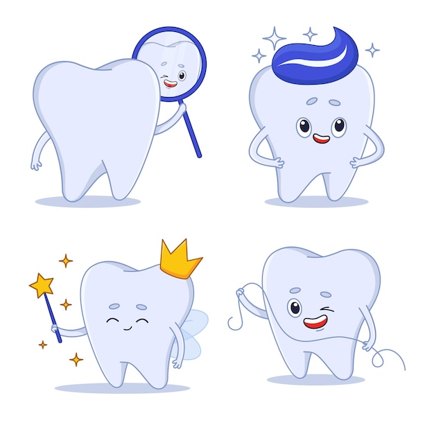 Collection of cartoon tooth character looking in mirror holding dental floss