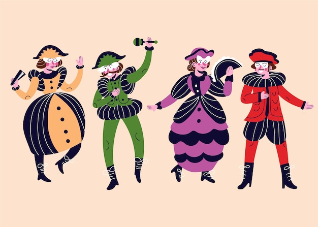 Collection of characters wearing italian carnival costumes