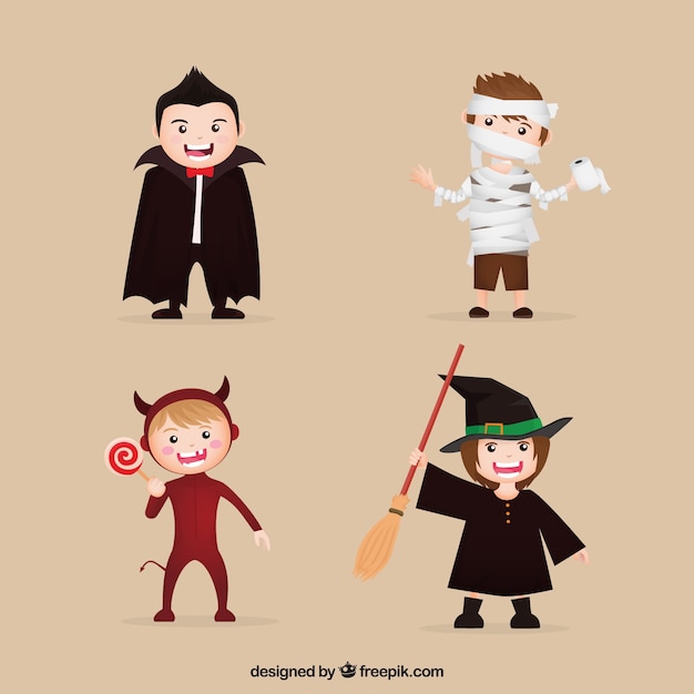 Free vector collection of children with halloween celebration costume