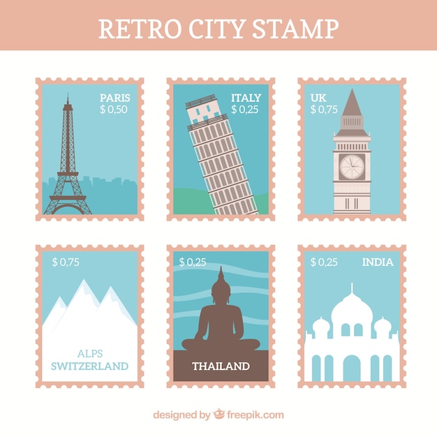 Free vector collection of city stamps in retro design