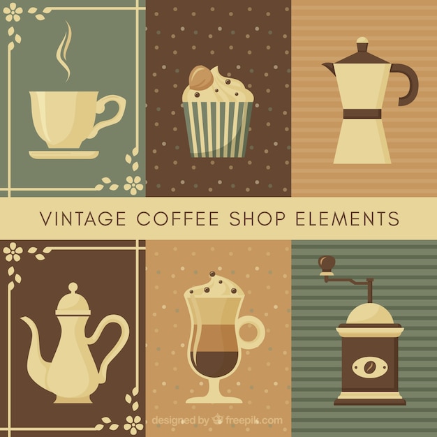 Free Vector collection of coffee pot and other elements in vintage style