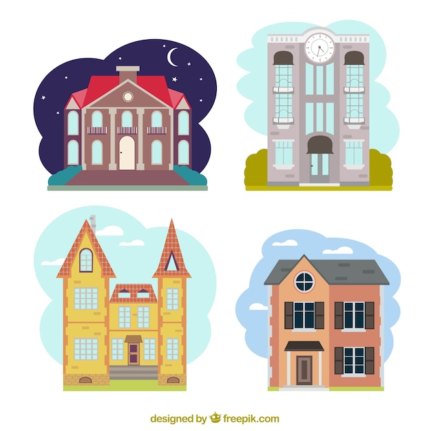 Free vector collection of colored building facades in flat design