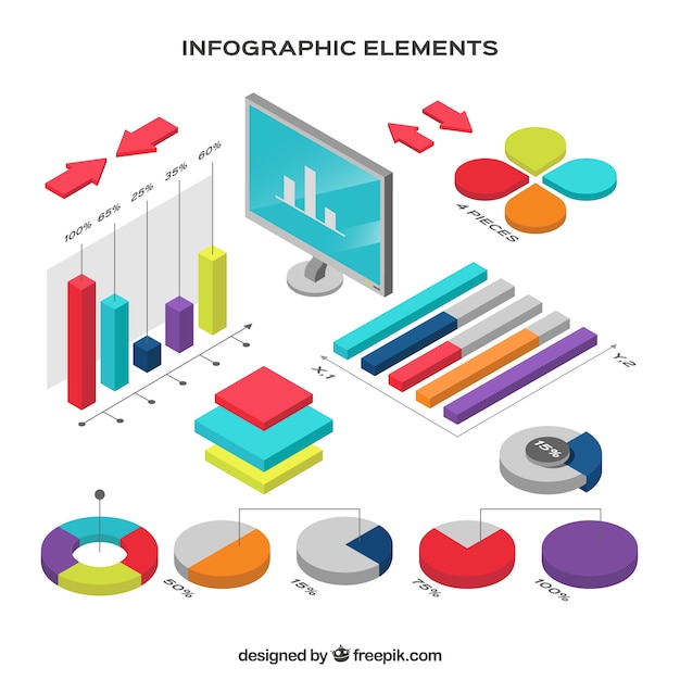 Collection of colorful infographic elements in isometric style