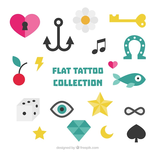 Collection of colorful tattoos in flat style