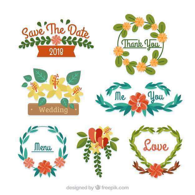 Collection of colourful flat wedding ornaments