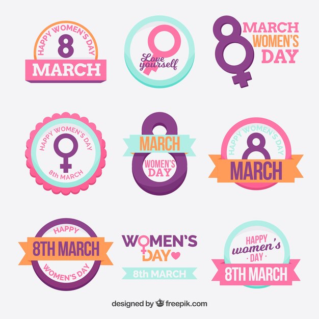 Collection of colourful women's day badges in flat design