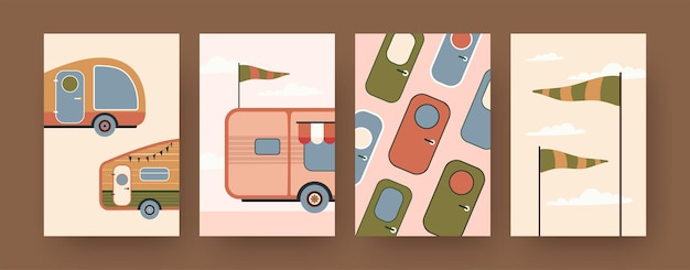 Free vector collection of contemporary art posters with camping caravans. campervan doors, flags cartoon  illustrations. traveling, vacation concept for designs, social media,