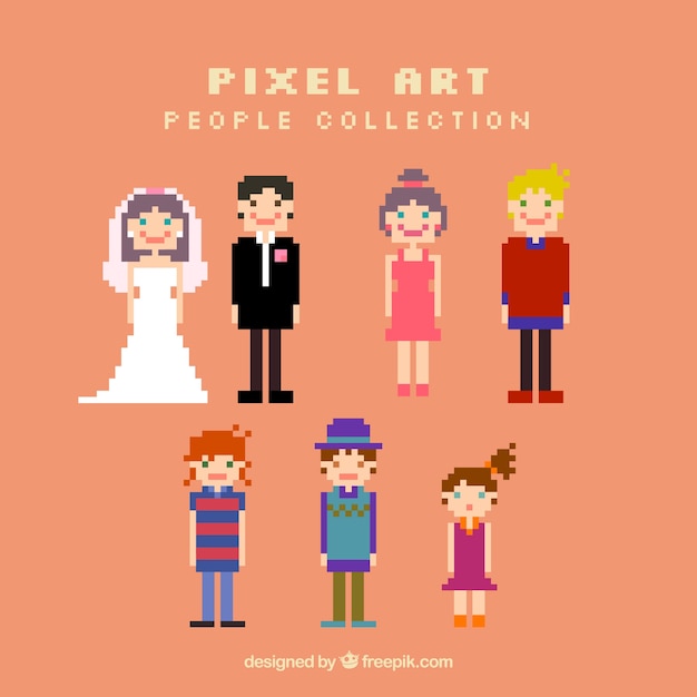 Collection of couples and children in pixel art style