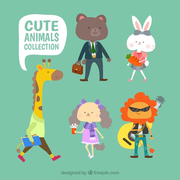 Collection of cute animals with clothes