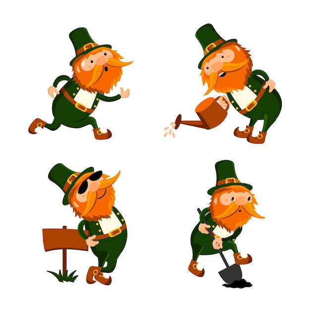 Free Vector collection of cute cartoon leprechaun in costume and cylinder hat digging running watering plants