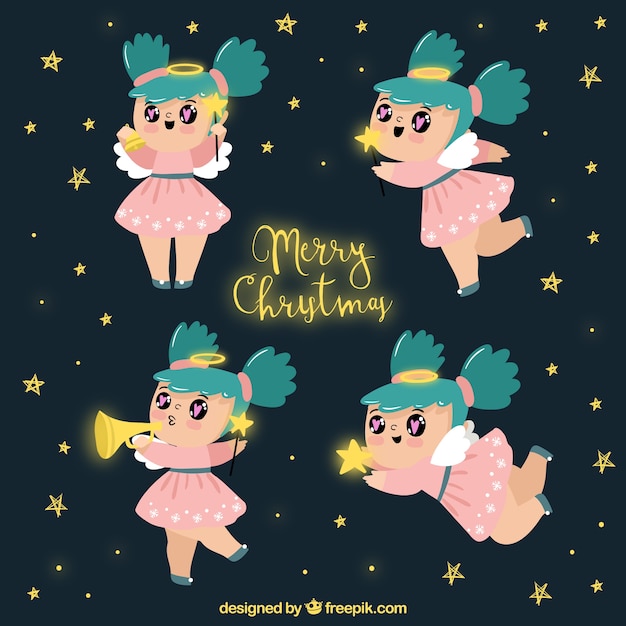 Free vector collection of cute christmas angels with blue hair