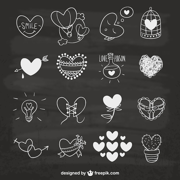 Collection of cute hearts on blackboard