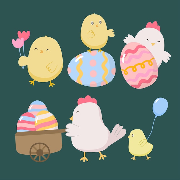 Free Vector collection of cute rabbit chick and eggs lovely animal in cartoon character various style for graphic designer happy easter greeting card vector illustration