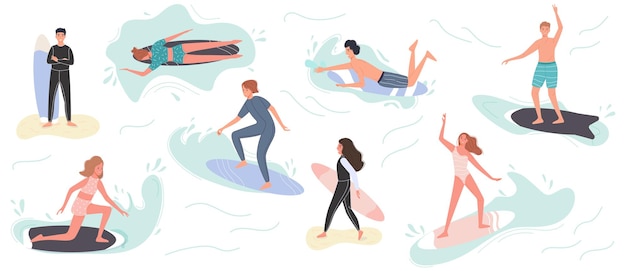 Free Vector collection of cute surfing people in swimwear surfing. surfers with surfing board on summer beach and sea wave. 