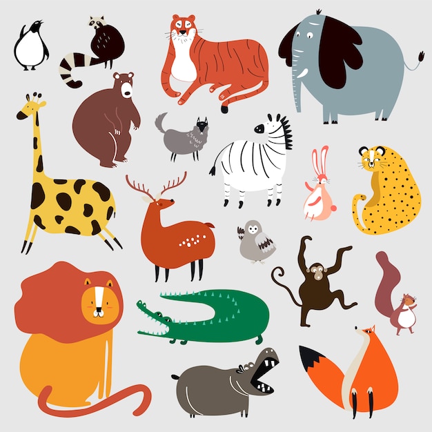 Free Vector collection of cute wild animals in cartoon style vector