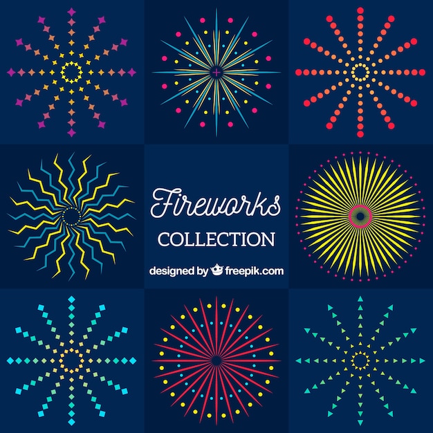 Collection of decorative fireworks in flat design