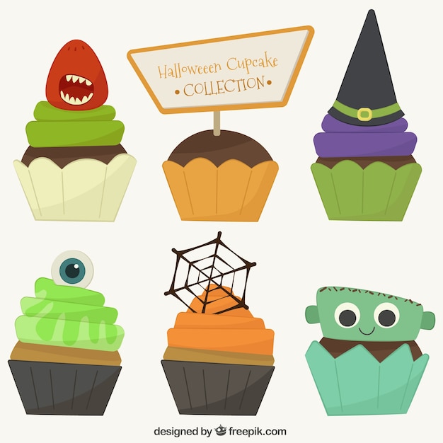 Free Vector collection of delicious halloween cupcakes 