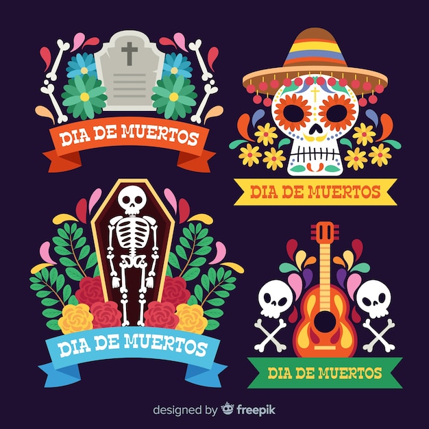 Collection of dia de muertos label in flat design