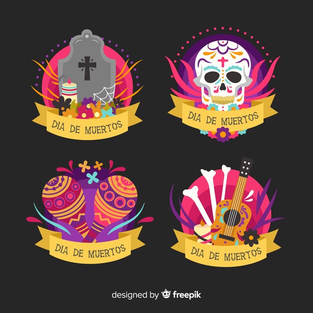 Collection of dia de muertos label in flat design